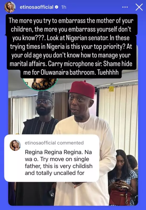 Etinosa Blasts Senator Ned Nwoko Over Regina Daniels Comments