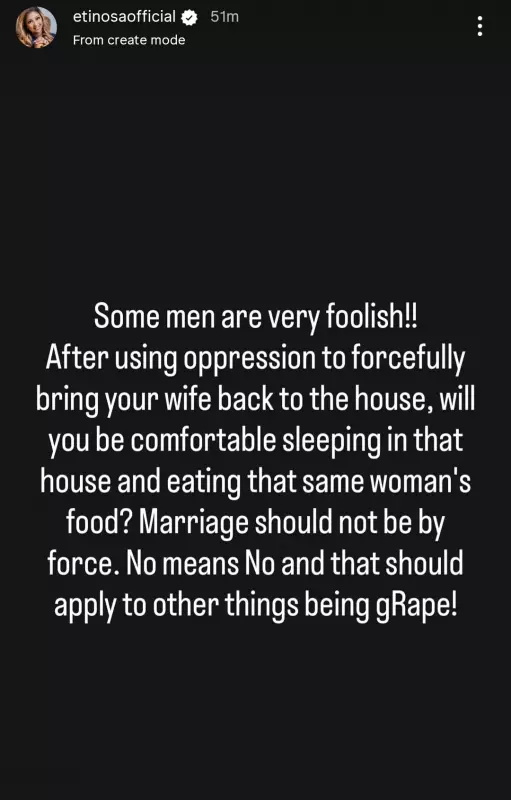 Etinosa Idemudia Blasts Foolish Men Who Forcefully Reconcile With Their Wives