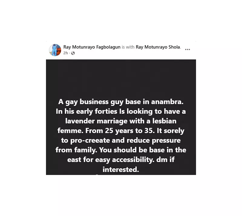 Anambra Gay Businessman Seeks Lavender Marriage with Lesbian for Procreation