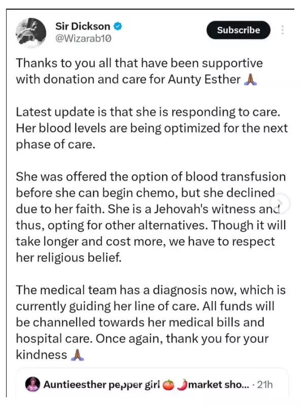 Aunty Esther's Cancer Treatment Crisis: Refuses Blood Transfusion Over Faith