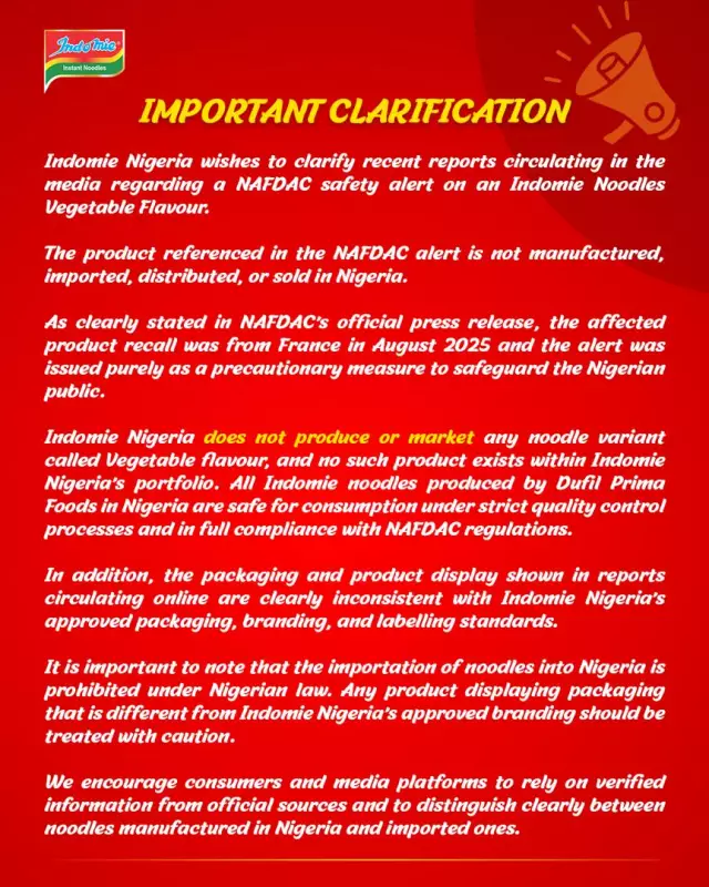Indomie Nigeria Clarifies NAFDAC Alert: No 'Vegetable Flavour' Sold Here