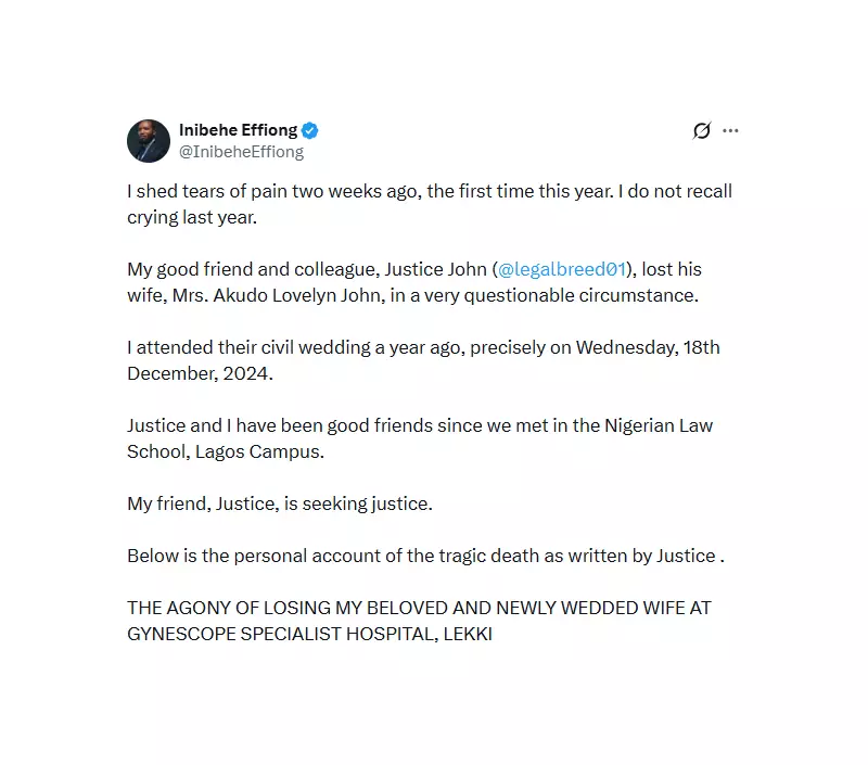 Lawyer Demands Justice After Wife's Death in Lagos Hospital Childbirth