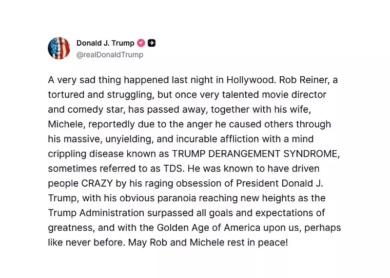Trump Blames Rob Reiner's Tragic Death on 'Trump Derangement Syndrome'