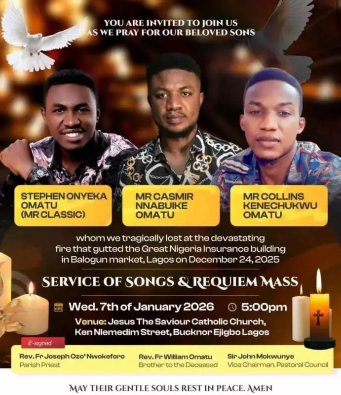 3 Brothers Die in Lagos Fire, Service of Songs Announced for Orphans