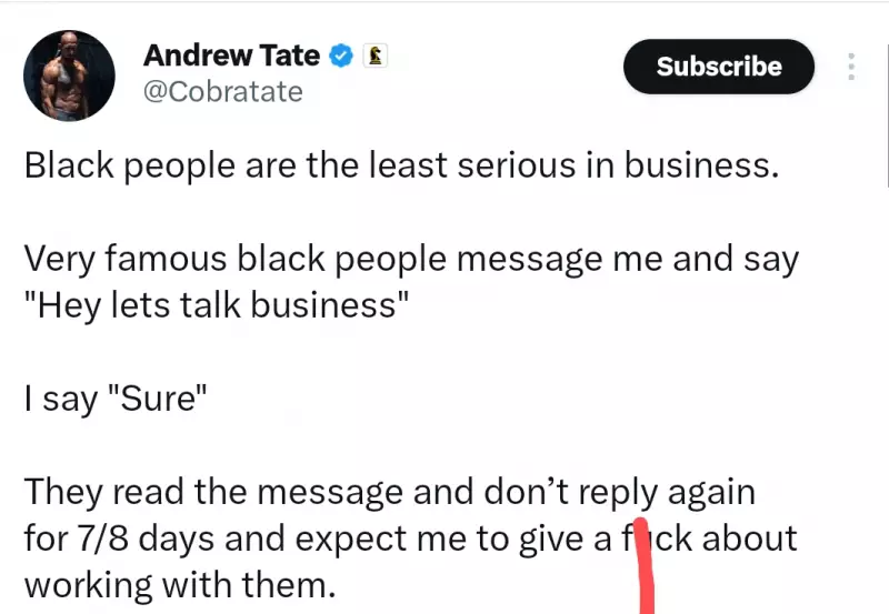 Andrew Tate Sparks Outrage with 'Black People Are Least Serious in Business' Post