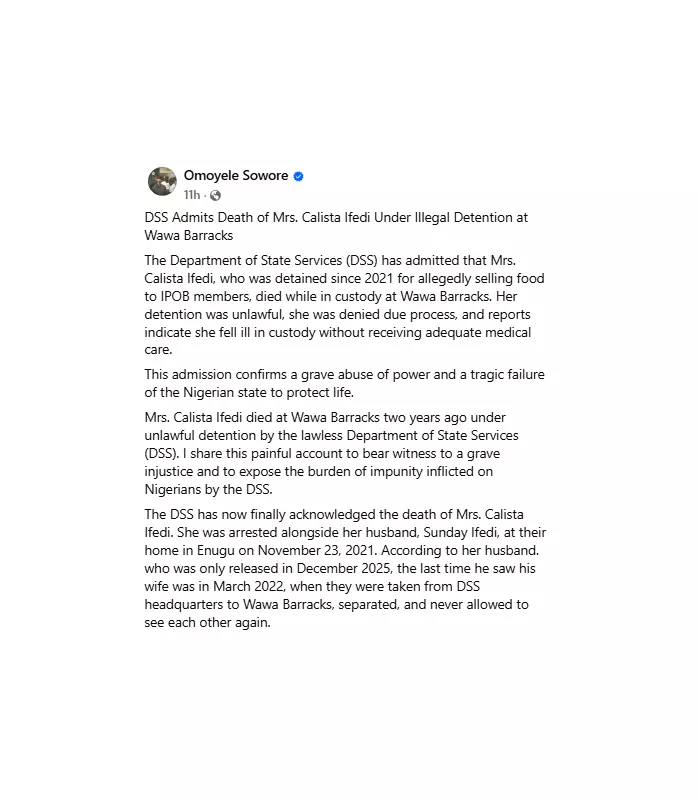 DSS Confirms Death of Calista Ifedi After 4 Years in Illegal Detention