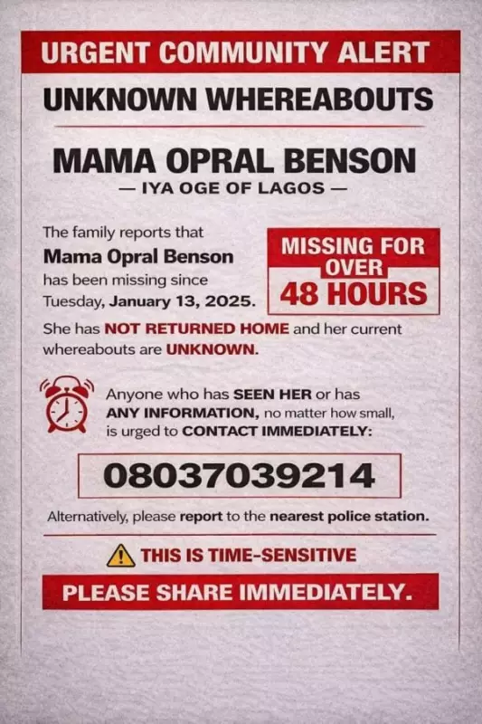Family Declares Opral Benson, Iya Oge of Lagos, Missing for Over 48 Hours