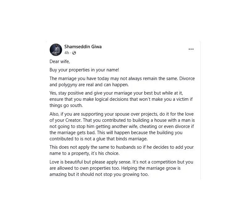 Marriage Therapist Giwa: Women, Buy Property in Your Name