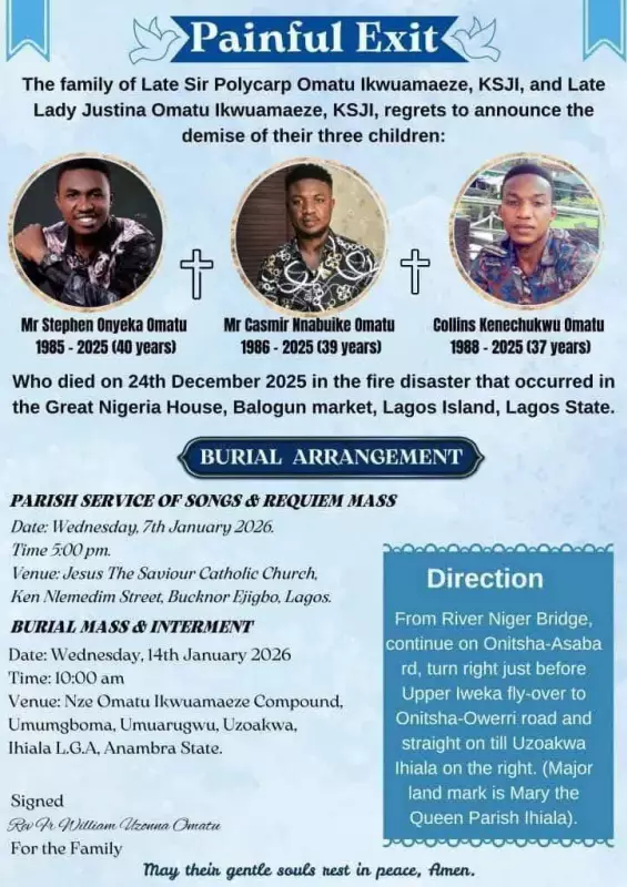 Omatu Brothers' Burial Set for Jan 14 After Lagos Island Fire Tragedy