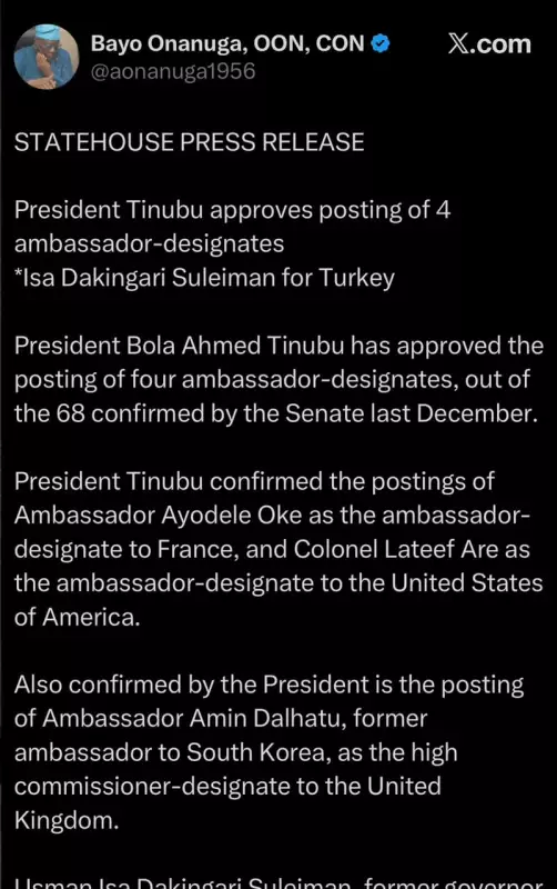 Presidency Withdraws Dakingari's Turkey Ambassador Posting Hours After Announcement