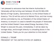 Trump Announces Venezuela to Transfer 30-50 Million Barrels of Oil to US