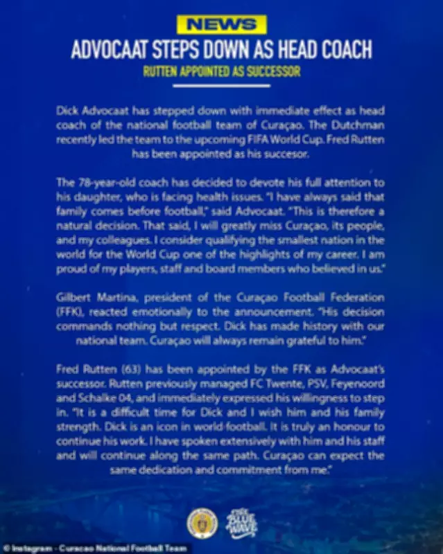 Curacao Manager Dick Advocaat Resigns to Care for Sick Daughter After Historic World Cup Qualification