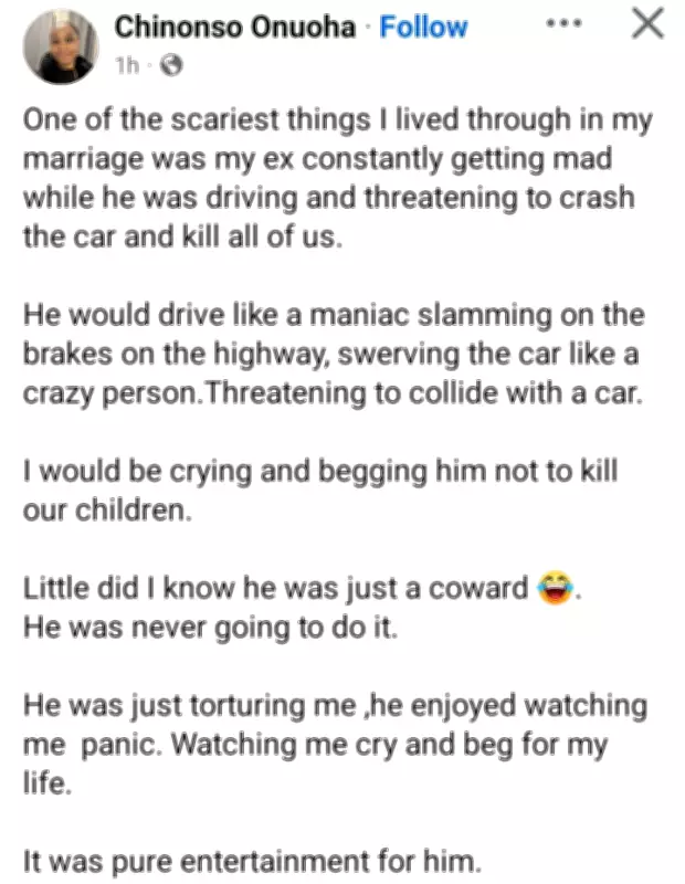 Nigerian Woman Recalls Ex-Husband's Terrifying Driving Threats During Marriage