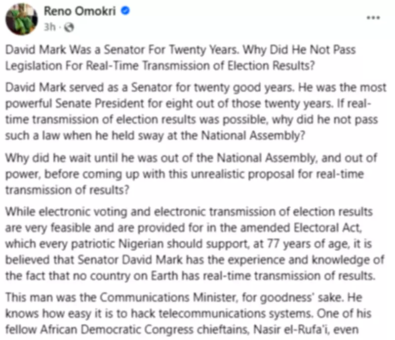 Reno Omokri Counters David Mark on Real-Time Election Results Transmission