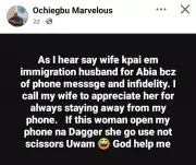 Nigerian Man Praises Wife for Not Checking His Phone After Abia Stabbing
