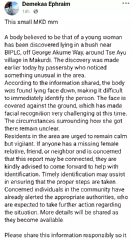 Decomposing Body of Unidentified Woman Found in Makurdi Bush Area