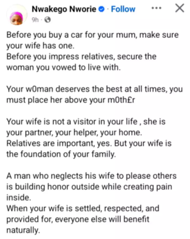 Nigerian Lady Advises Men: Prioritize Your Wife's Car Before Your Mother's