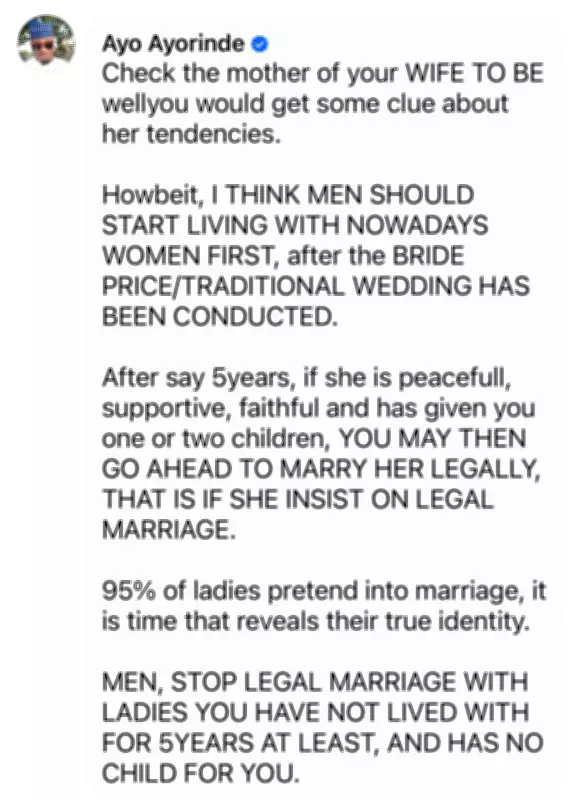 Nigerian Man Advises Men: Live With Partner 5 Years, Have Kids Before Legal Marriage