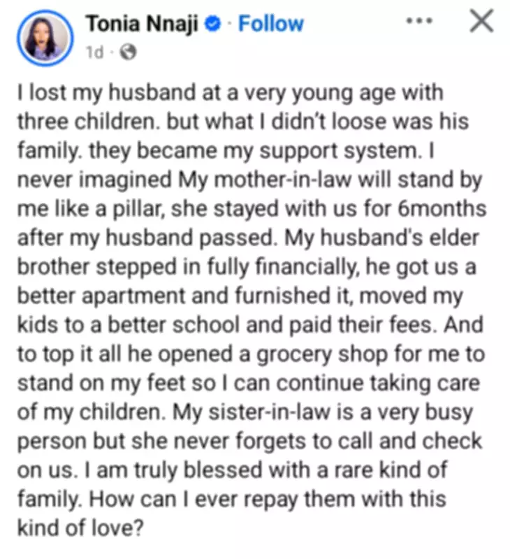 Nigerian Widow Pens Heartfelt Tribute to In-Laws for Unwavering Support