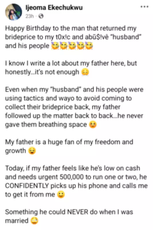 Nigerian Woman Celebrates Father Who Returned Bride Price to Abusive Ex-Husband