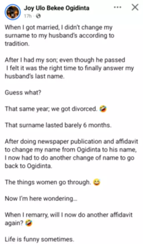 Nigerian Woman's Divorce Follows Surname Change After Son's Passing