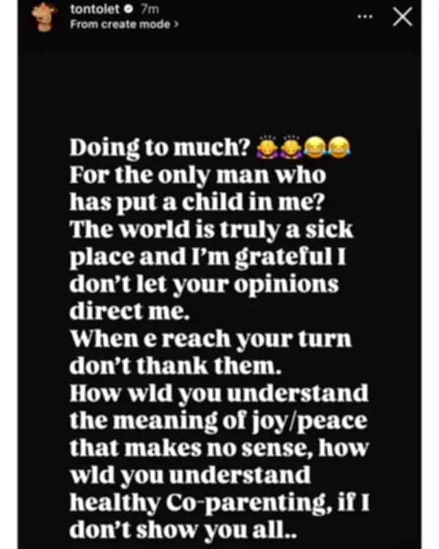 Tonto Dikeh Thanks Ex-Husband Churchill for Motherhood, Claps Back at Critics
