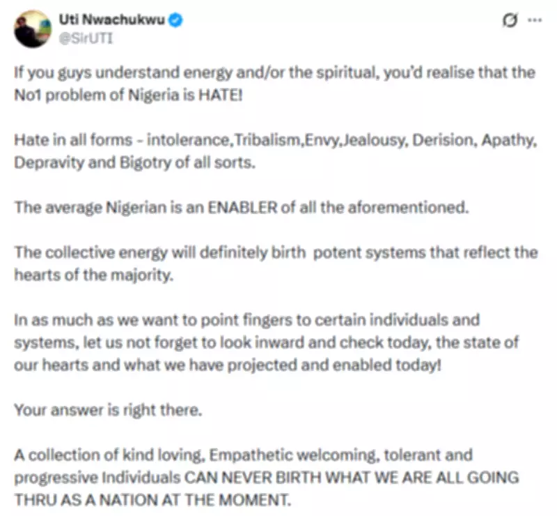 Actor Uti Nwachukwu Identifies Hate as Nigeria's Primary National Challenge