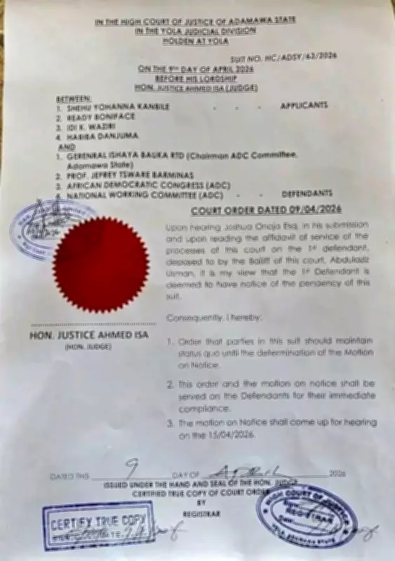 Adamawa Court Halts ADC Congresses Over Leadership Dispute