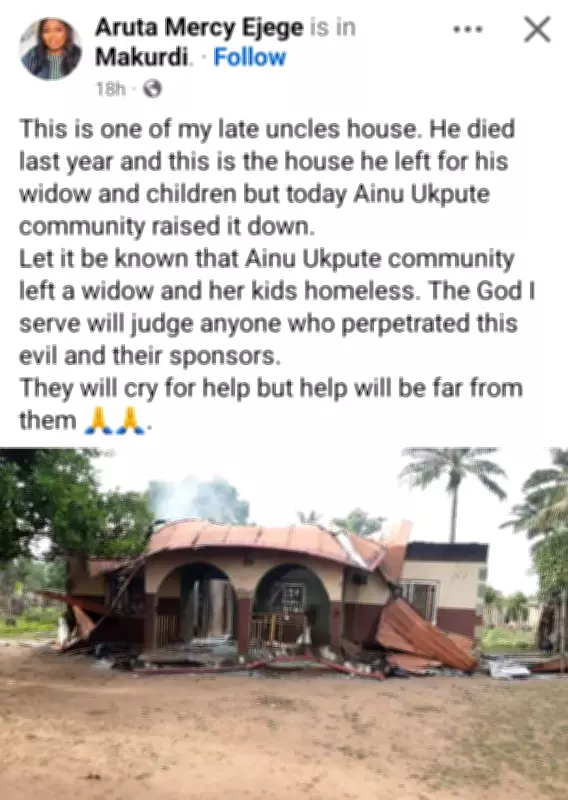 Benue Woman Curses Community for Burning Late Uncle's House