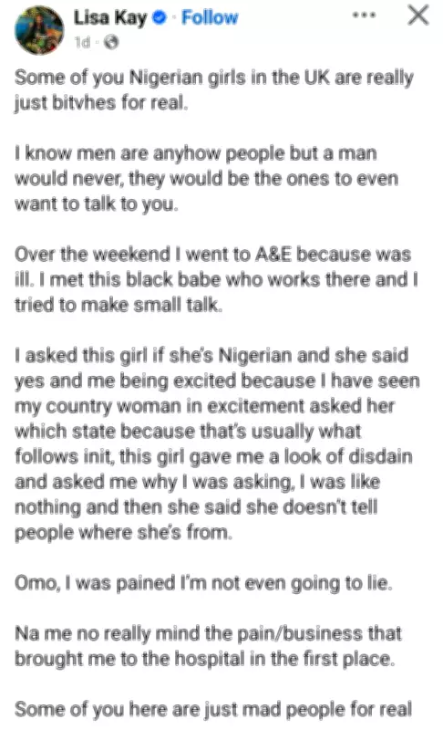 Nigerian Lady in UK Recounts Unfriendly Encounter with Fellow Countrywoman