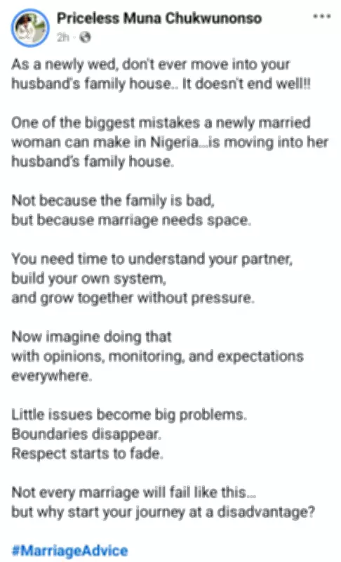Nigerian Lady Warns Newlyweds: Avoid Moving into Husband's Family House