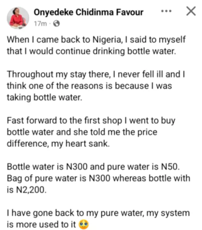 Nigerian Returnee Abandons Bottled Water for Sachet Due to High Cost