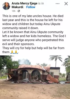Benue Woman Curses Community for Burning Late Uncle's House