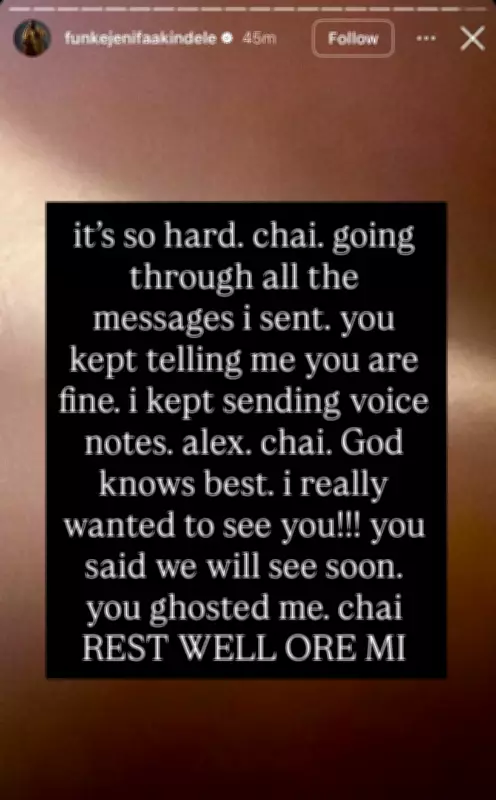 Funke Akindele Reacts to Alex Ekubo's Death, Regrets Final Conversations
