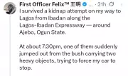 Man Survives Kidnap Attempt on Lagos-Ibadan Expressway, Laments Nigeria's State