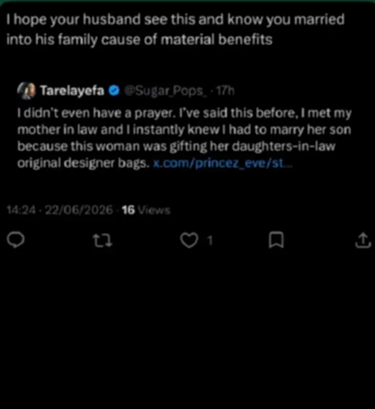 Husband responds after wife dragged over reason for marrying into his family