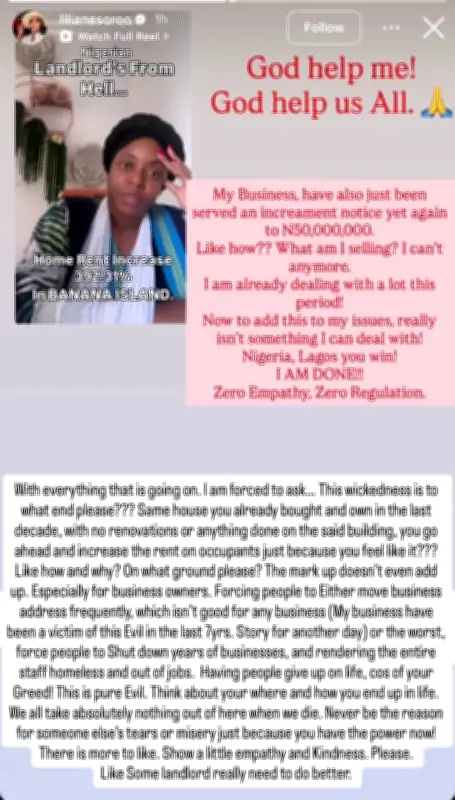 Lilian Esoro Laments Massive Rent Hike in Lagos, Says She's Done