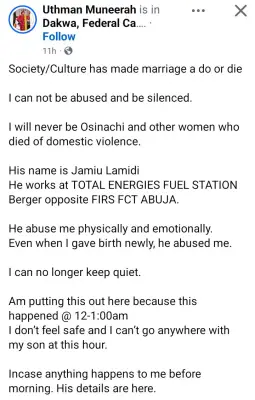 Nigerian woman cries out after alleged assault by husband, says I won't die like Osinachi