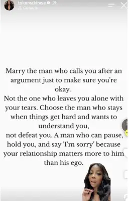Toke Makinwa: Marry Man Who Checks on You After Argument