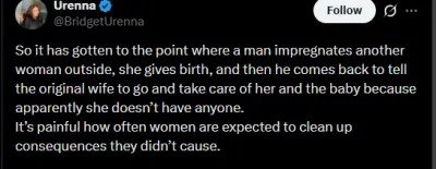 Twitter user sparks debate after man asks wife to care for woman he impregnated