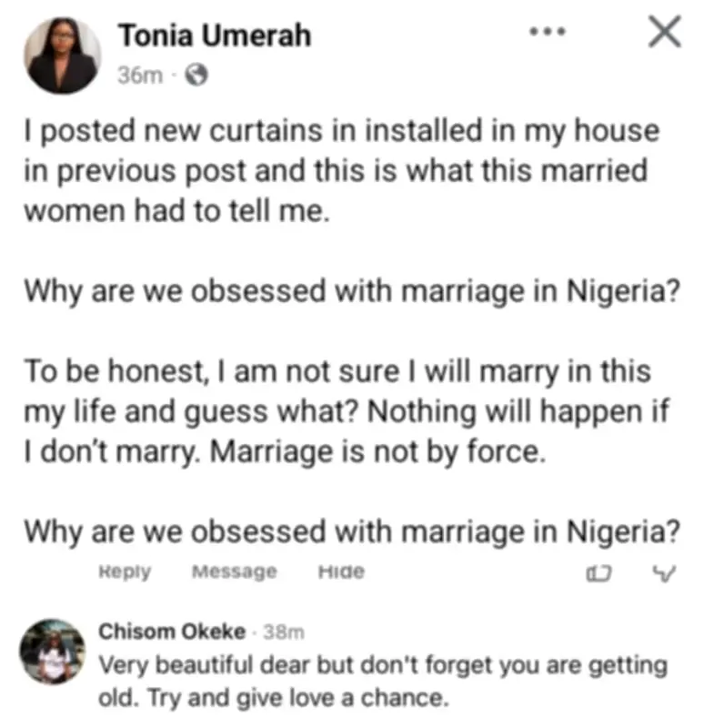 Nigerian Lady Questions Marriage Obsession After Curtain Post