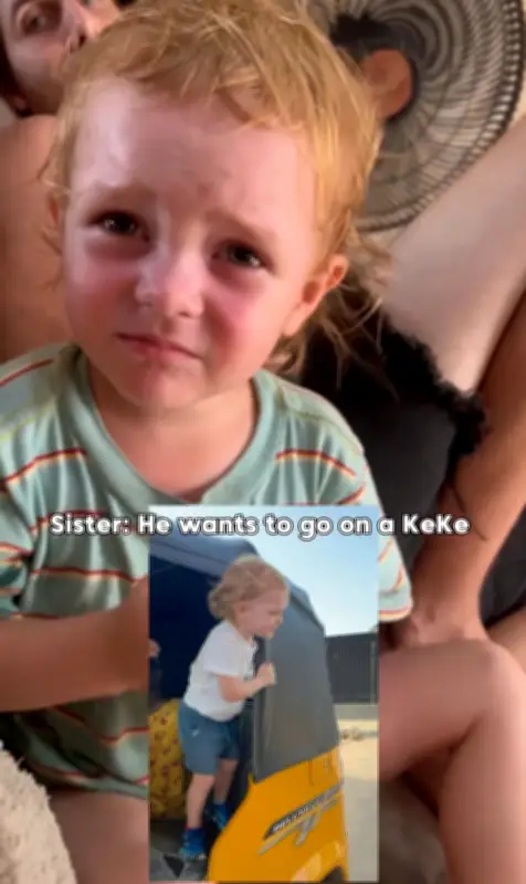 White American Boy Cries to Board Yellow Keke Napep in Nigeria