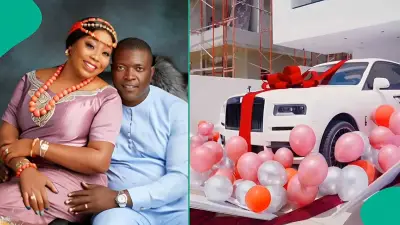 Billionaire Ned Okonkwo gifts wife Rolls-Royce Cullinan, she kneels in appreciation